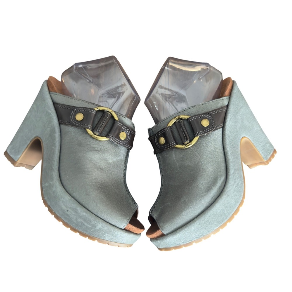 Lucky Brand Women's Gray Leather‎ Peep Toe Wedge Mules Casual Shoes Size 6.5